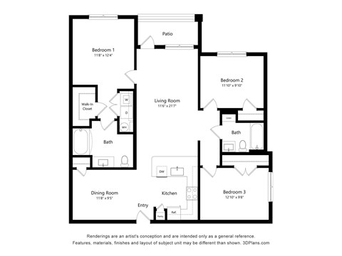 Floor plan for 3 beds, 2 baths, 1249 sqft